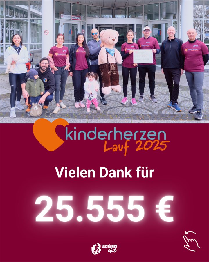 Grafik zum kinderherzen Lauf 2025: Vielen Dank für 25.555 €. Darüber das Gruppenfoto vor dem Deutschen Herzzentrum.