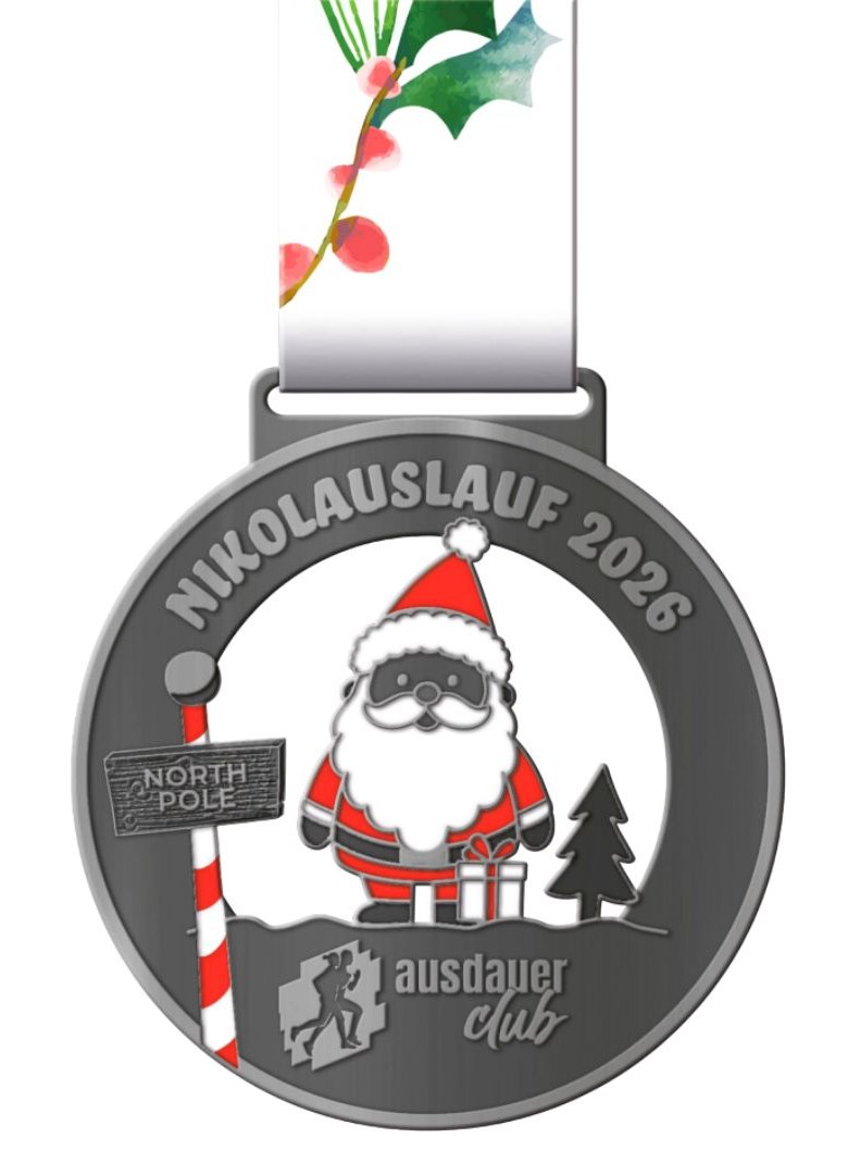 Medaille zum Nikolauslauf 2026 mit Nikolaus, Nordpol-Schild und ausdauerclub-Logo.